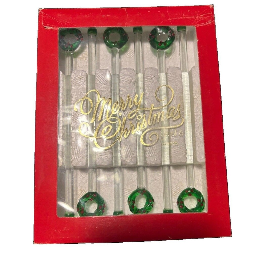 Vintage Two's Company Christmas Wreath Glass Stirrer Swivel Stick Boxed Set of 6